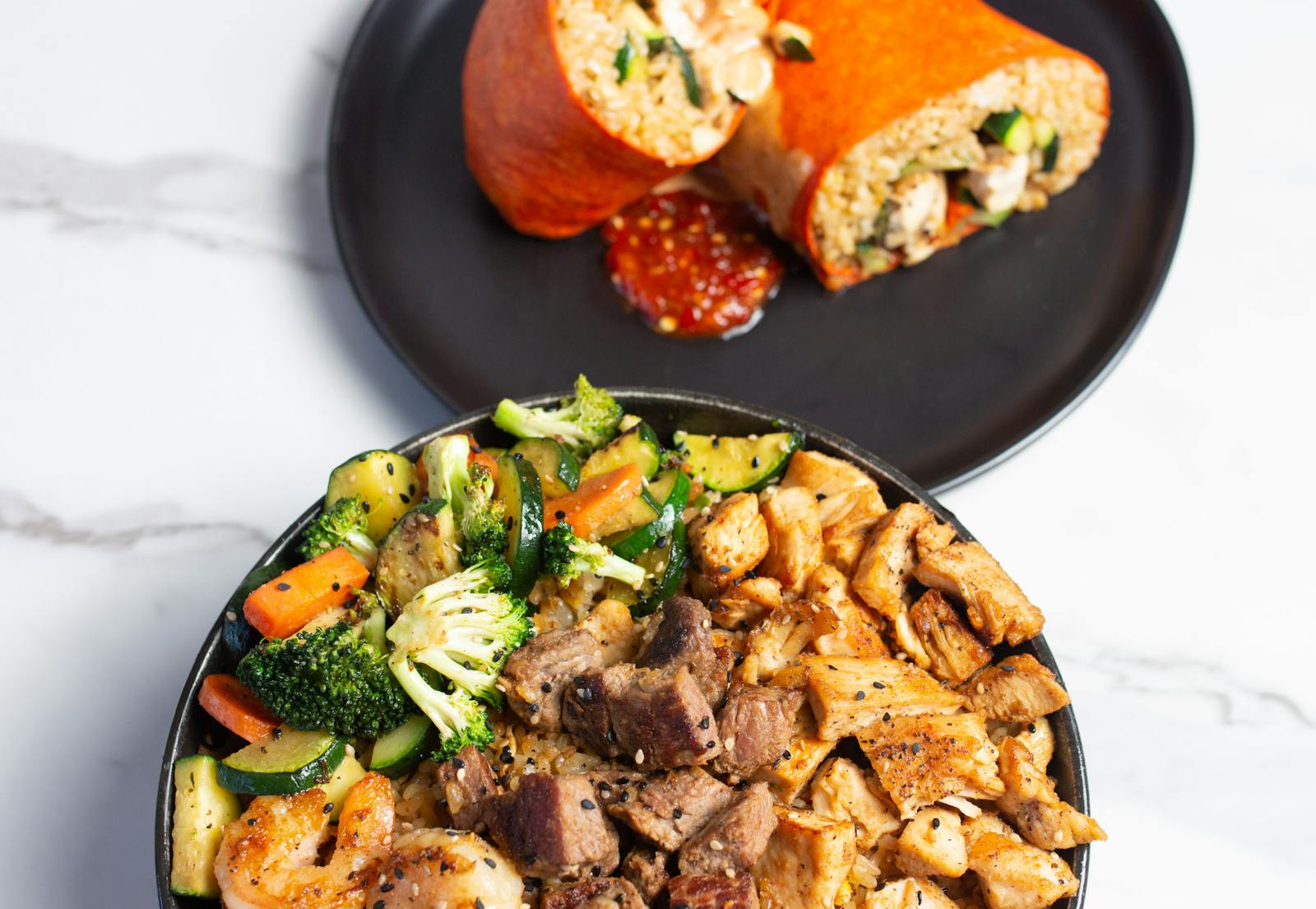 Burrito with trio side β steak, shrimp and rice
