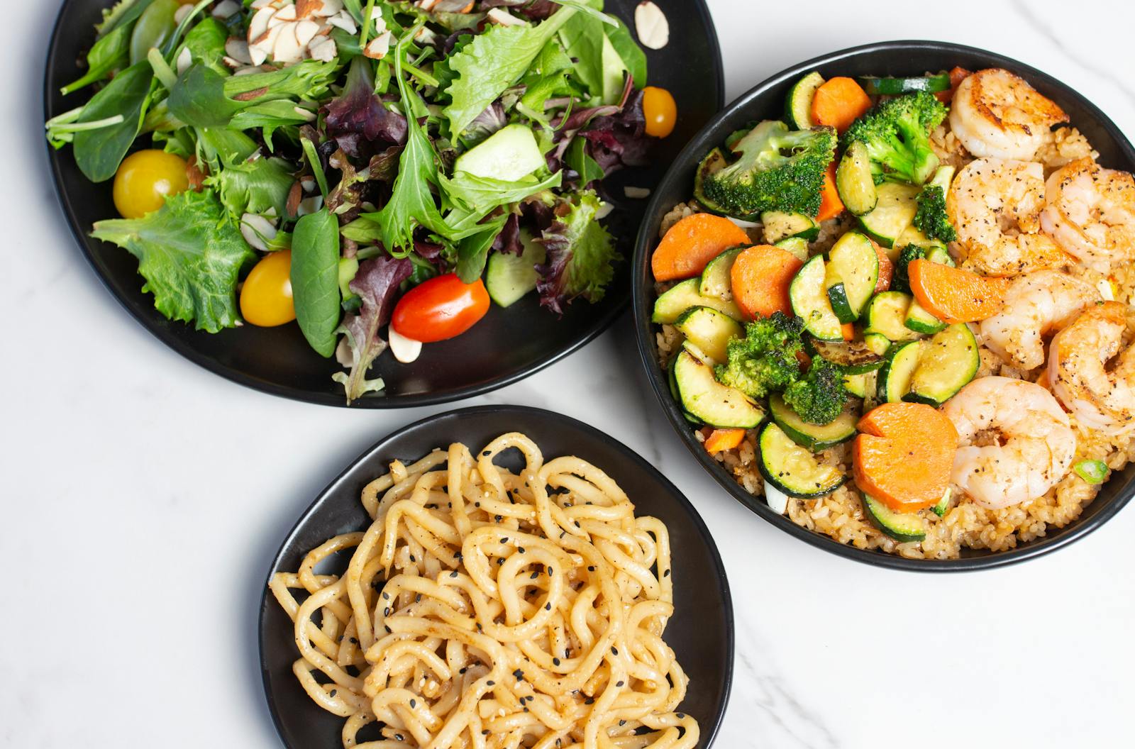 Soy Hibachi plates — shrimp, veggies, noodles