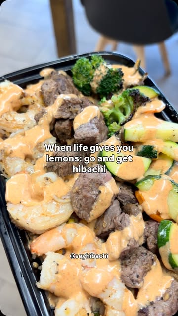 Shrimp and steak tray with yum yum sauce